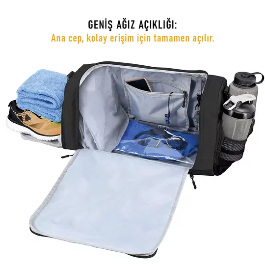 HAEGS Spor Çantası, 10 Cepli, Ayakkabı bölmeli, Su Geçirmez Islak Eşya Keseli, Organizer Tasarımlı Dayanıklı Bay Bayan Seyahat Çantası, Gym, Fitness Çantası, Medium - Siyah