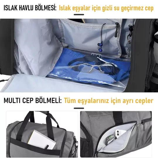HAEGS Spor Çantası, 10 Cepli, Ayakkabı bölmeli, Su Geçirmez Islak Eşya Keseli, Organizer Tasarımlı Dayanıklı Bay Bayan Seyahat Çantası, Gym, Fitness Çantası, Medium - Siyah