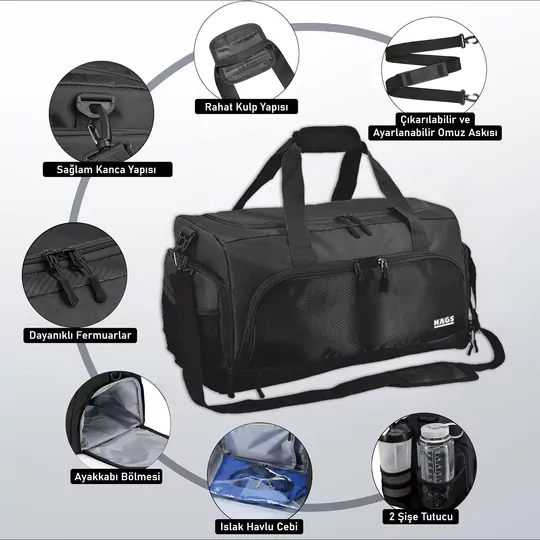 HAEGS Spor Çantası, 10 Cepli, Ayakkabı bölmeli, Su Geçirmez Islak Eşya Keseli, Organizer Tasarımlı Dayanıklı Bay Bayan Seyahat Çantası, Gym, Fitness Çantası, Medium - Siyah
