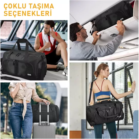 HAEGS Spor Çantası, 10 Cepli, Ayakkabı bölmeli, Su Geçirmez Islak Eşya Keseli, Organizer Tasarımlı Dayanıklı Bay Bayan Seyahat Çantası, Gym, Fitness Çantası, Medium - Siyah