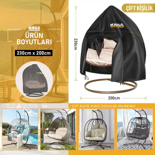 HAEGS Bahçe Salıncağı Örtüsü, Rattan Salıncak Koltuk Koruma Kılıfı Brandası, Hamak Sandalye Dış Mekan Su Geçirmez Mobilyası Koruyucu Örtü - Çift Kişilik, 230 x 200cm