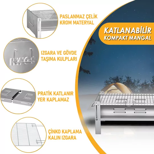 Haegs Katlanır Mangal, Paslanmaz Çelik Krom, Barbekü Kömür Mangalı, Izgaralı, Portatif taşınabilir Pratik Mangal
