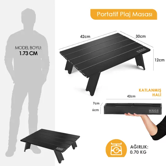 Haegs Portatif Küçük Masa Alüminyum Ultra hafif Katlanır Mini Masa - Plaj, Piknik, Kamp, Balıkçı, Outdoor Küçük Sehpa Masa - Siyah