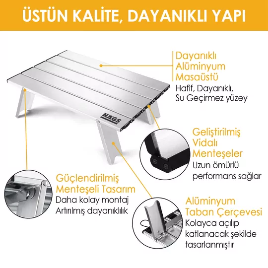 Haegs Portatif Küçük Masa Alüminyum Ultra hafif Katlanır Mini Masa - Plaj, Piknik, Kamp, Balıkçı, Outdoor Küçük Sehpa Masa - Siyah