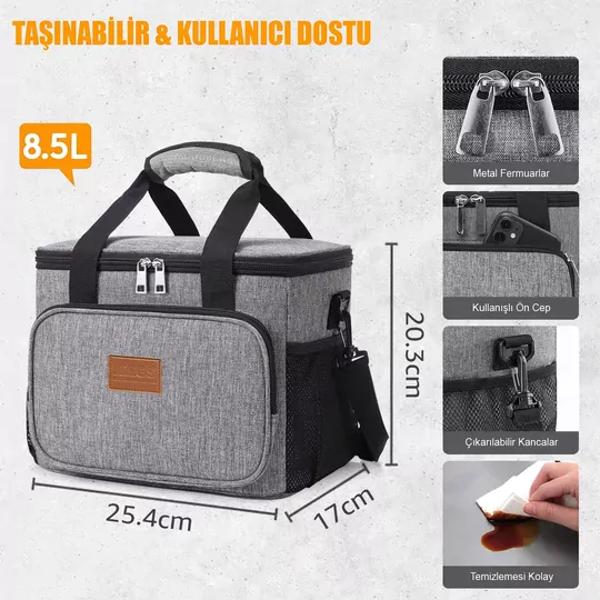HAEGS Termal Çanta, Soğuk Sıcak Tutucu Yalıtımlı Beslenme Çantası, Soğutucu Buzluk Yemek Çantası 8,5L - Gri