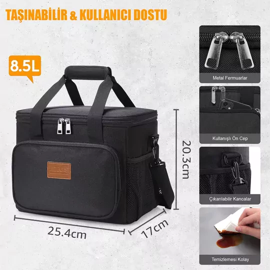 HAEGS Termal Çanta, Soğuk Sıcak Tutucu Yalıtımlı Beslenme Çantası, Soğutucu Buzluk Yemek Çantası 8,5L - Siyah
