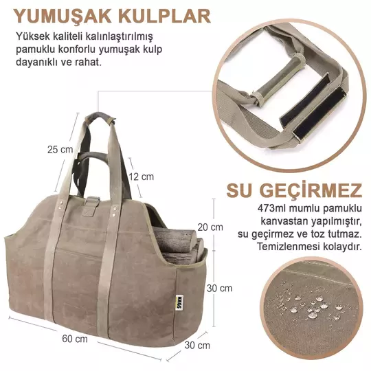 Haegs Ağır Hizmet Çantası, Waxed Kanvas, Şömine Odun Çantası, Yakacak Kütük Taşıma Depolama Çantası, Şömine Odunluk Aksesuarları - Büyük Boy - Haki