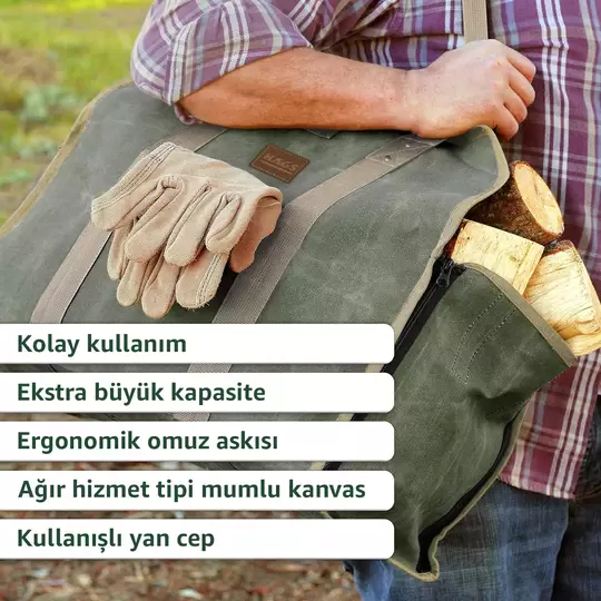 Haegs Fermuarlı Ağır Hizmet Çantası, 2in1, Waxed Kanvas, Şömine Odun Çantası, Yakacak Kütük Taşıma Depolama Çantası, Şömine Odun Sobası Aksesuarları - Timsah Yeşili