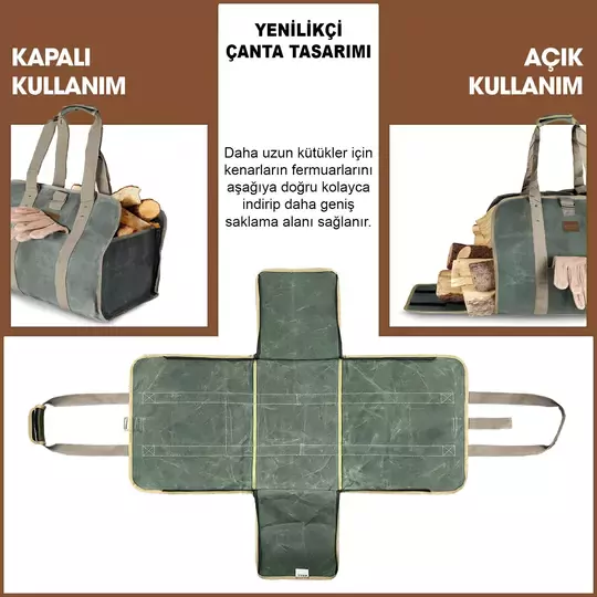 Haegs Fermuarlı Ağır Hizmet Çantası, 2in1, Waxed Kanvas, Şömine Odun Çantası, Yakacak Kütük Taşıma Depolama Çantası, Şömine Odun Sobası Aksesuarları - Timsah Yeşili