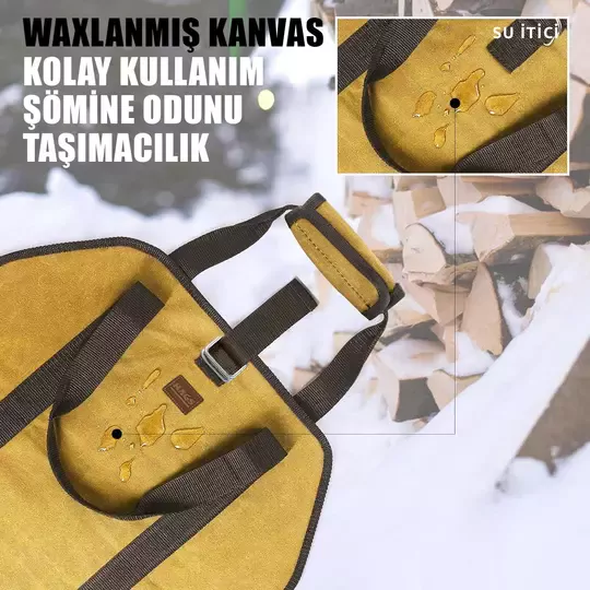 Haegs Ağır Hizmet Çantası, Waxed Kanvas, Şömine Odun Çantası, Yakacak Kütük Taşıma Depolama Çantası, Şömine Odun Sobası Aksesuarları -Amber Sarısı