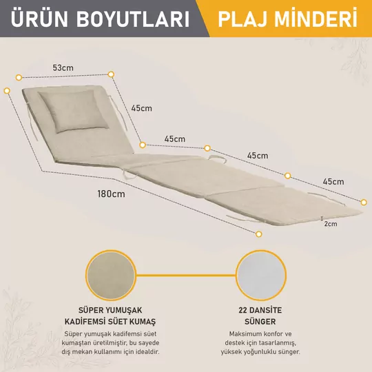 Haegs Plaj Minderi, Plaj Çantası Tasarımlı, Katlanır Plaj Matı, Yastıklı,  Plaj Şezlong Minderleri,  22 Dens 180x53x2cm - Bej