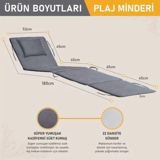 Haegs Plaj Minderi, Plaj Çantası Tasarımlı, Katlanır Plaj Matı, Yastıklı, Plaj Şezlong Minderleri,  22 Dens 180x53x2cm - Gri