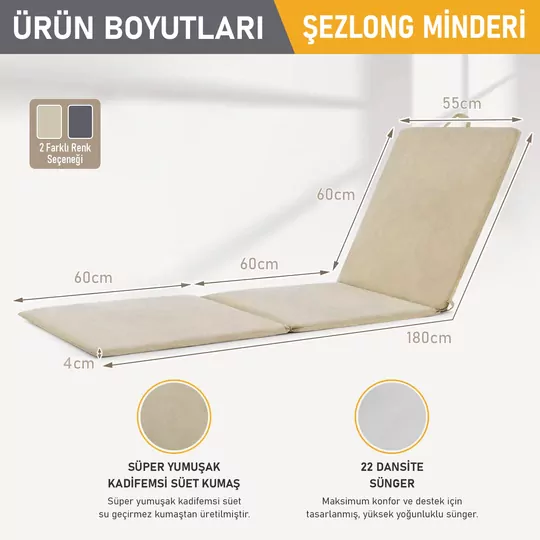 Haegs Şezlong Minderi, Havuz Plaj Outdoor Kamp için Katlanır Sünger Minder, Dış Mekan Süet Kumaş Kılıf, Dış Mekan Mobilyaları İçin Veranda Yedek Minderi - 22 Dens - 180x55x4 cm - Bej