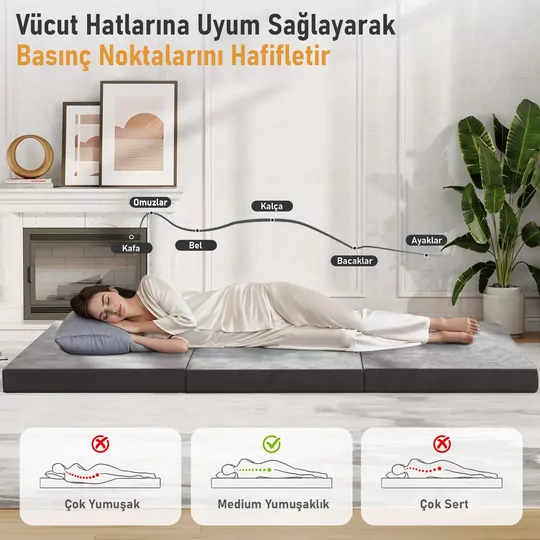 Haegs Katlanır Yatak, Kamp Yatağı, Kamp Matı, Taşınabilir Yer Yatağı, Yıkanabilir Kılıf, Misafir için, Seyahat, Kamp, Araç, Karavan, Çadır ve Yoga için İdeal; 22 Dens - 190x65x10 cm - Gri