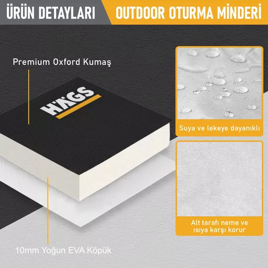Haegs Outdoor Oturma Minderi, Kamp Matı, Yürüyüş, Stadyum ve Seyahat İçin Katlanabilir Su Geçirmez Oxford Kumaş Termal Oturma Minderi, Siyah