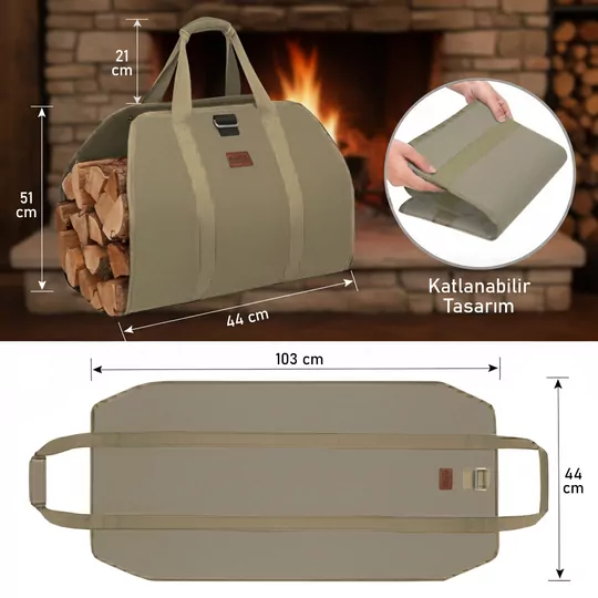 Haegs Şömine Odun Çantası, Yakacak Kütük Taşıma Depolama Çantası, Şömine Odun Sobası Aksesuarları -Yeşil