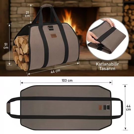 Haegs Şömine Odun Çantası, Yakacak Kütük Taşıma Depolama Çantası, Şömine Odun Sobası Aksesuarları -Kahverengi