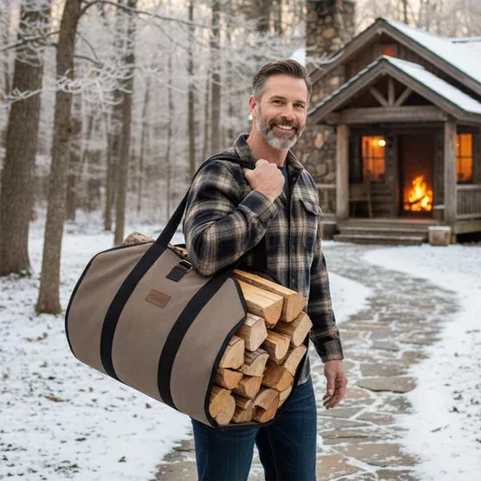 Haegs Şömine Odun Çantası, Yakacak Kütük Taşıma Depolama Çantası, Şömine Odun Sobası Aksesuarları -Kahverengi