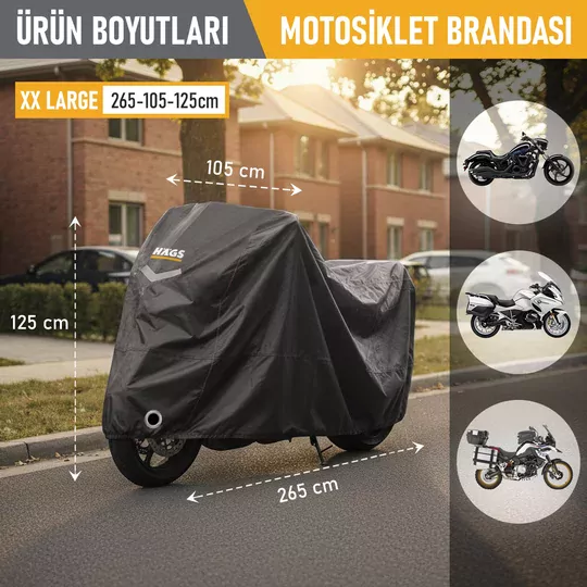 Haegs Motosiklet Brandası, Motor Kılıfı, Örtüsü Dış Mekan Motosiklet Örtüsü Su Geçirmez, Rüzgar, Toz Geçirmez, Motor Garaj Brandası, Kışa Dayanıklı (XXL:265x105x125 cm) - Siyah -Gri