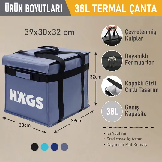 HAEGS Termal Kamp Çantası, Termal Termos Çanta, Kamp, Plaj, Piknik Çantası, Isı Yalıtımlı Kamp Piknik Yemek Taşıma Çantası, Soğutucu Buzluk Geniş Büyük Hacimli 38 Lt- Gri