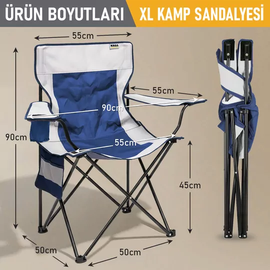 Haegs Kamp Sandalyesi, Outdoor, Plaj ve Piknik için Katlanır Kamp Sandalyesi, Saklama Cepli, Bardak Tutuculu, Extra Destekli, Su Geçirmez Kumaş - 120 Kg Taşıma Kapasiteli, XL Boy- Mavi - Beyaz