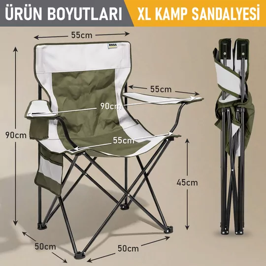 Haegs Kamp Sandalyesi, Outdoor, Plaj ve Piknik için Katlanır Kamp Sandalyesi, Saklama Cepli, Bardak Tutuculu, Extra Destekli, Su Geçirmez Kumaş - 120 Kg Taşıma Kapasiteli, XL Boy- Yeşil - Beyaz