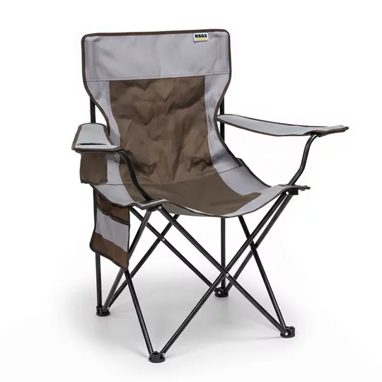 Haegs Kamp Sandalyesi, Outdoor, Plaj ve Piknik için Katlanır Kamp Sandalyesi, Saklama Cepli, Bardak Tutuculu, Extra Destekli, Su Geçirmez Kumaş - 120 Kg Taşıma Kapasiteli, XL Boy- Kahve - Gri
