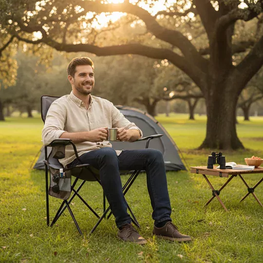 Haegs Kamp Sandalyesi, Outdoor, Plaj ve Piknik için Katlanır Kamp Sandalyesi, Saklama Cepli, Bardak Tutuculu, Extra Destekli, Su Geçirmez Kumaş - 120 Kg Taşıma Kapasiteli, XL Boy- Kahve - Gri