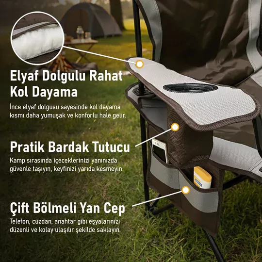 Haegs Kamp Sandalyesi, Outdoor, Plaj ve Piknik için Katlanır Kamp Sandalyesi, Saklama Cepli, Bardak Tutuculu, Extra Destekli, Su Geçirmez Kumaş - 120 Kg Taşıma Kapasiteli, XL Boy- Kırmızı - Kahve