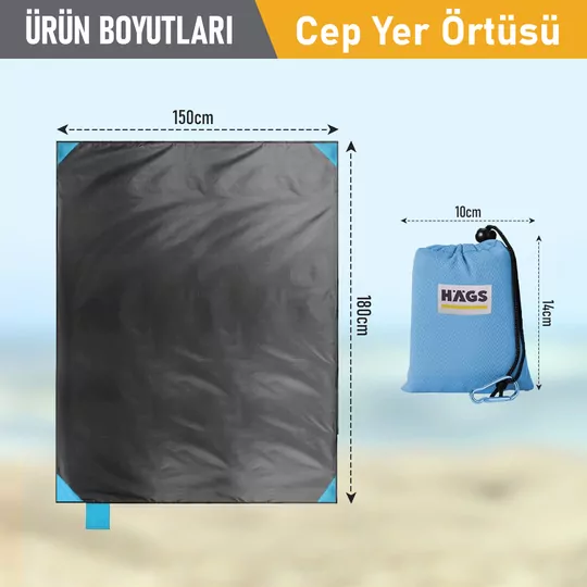 Haegs Cep Yer Örtüsü, Piknik Örtüsü Kamp Matı, Plaj Yer Örtüsü, Su Geçirmez, Kum Tutmaz, Hızlı Kurur, Hafif, Katlanabilir İnce Zemin Örtüsü Outdoor Açık Hava Kamp Yürüyüş Seyahat için - El Askılı - 180-150cm - Mavi
