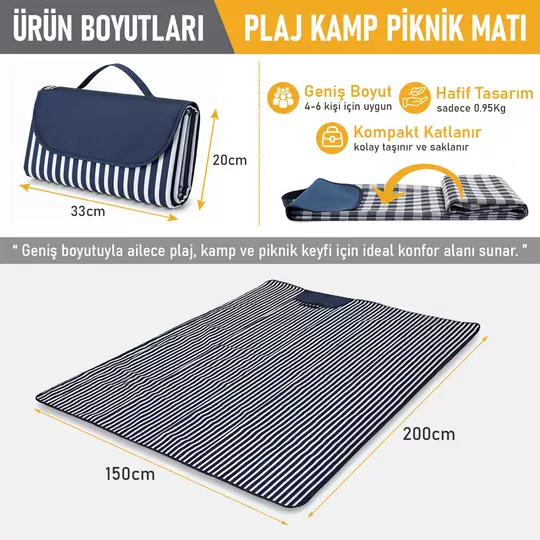 Haegs Piknik Örtüsü, Çanta Kamp Matı, Plaj Matı, Piknik Yer Örtüsü, Seyahat, Kamp, Outdoor, Park Çim Kum Tutmaz, Su Geçirmez, Kullanışlı Çanta Model, Katlanabilir 200x150cm - Mavi - Beyaz Çizgili