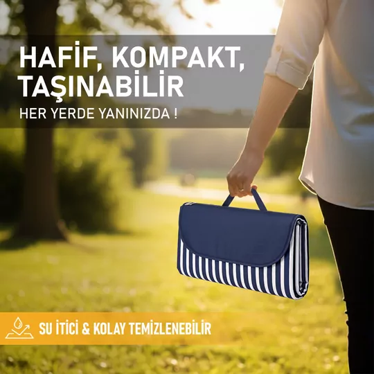 Haegs Piknik Örtüsü, Çanta Kamp Matı, Plaj Matı, Piknik Yer Örtüsü, Seyahat, Kamp, Outdoor, Park Çim Kum Tutmaz, Su Geçirmez, Kullanışlı Çanta Model, Katlanabilir 200x150cm - Mavi - Beyaz Çizgili