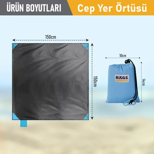 Haegs Cep Yer Örtüsü, Piknik Örtüsü Kamp Matı, Plaj Yer Örtüsü, Su Geçirmez, Kum Tutmaz, Hızlı Kurur, Hafif, Katlanabilir İnce Zemin Örtüsü Outdoor Açık Hava Kamp Yürüyüş Seyahat için - El Askılı - 150-150cm - Mavi