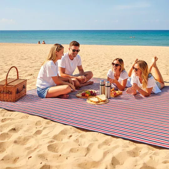 Haegs Piknik Örtüsü, Çanta Kamp Matı, Plaj Matı, Piknik Yer Örtüsü, Seyahat, Kamp, Outdoor, Park Çim Kum Tutmaz, Su Geçirmez, Kullanışlı Çanta Model, Katlanabilir 200x150cm - Mavi - Kırmızı Çizgili