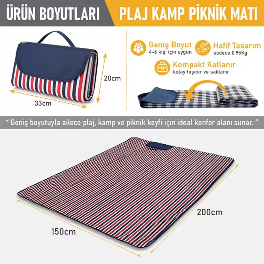 Haegs Piknik Örtüsü, Çanta Kamp Matı, Plaj Matı, Piknik Yer Örtüsü, Seyahat, Kamp, Outdoor, Park Çim Kum Tutmaz, Su Geçirmez, Kullanışlı Çanta Model, Katlanabilir 200x150cm - Mavi - Kırmızı Çizgili