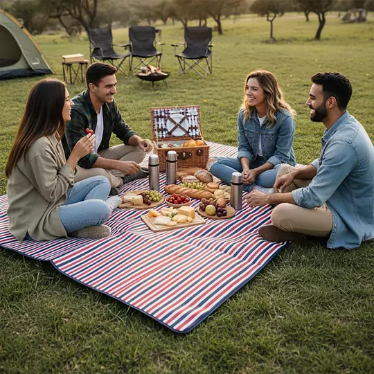Haegs Piknik Örtüsü, Çanta Kamp Matı, Plaj Matı, Piknik Yer Örtüsü, Seyahat, Kamp, Outdoor, Park Çim Kum Tutmaz, Su Geçirmez, Kullanışlı Çanta Model, Katlanabilir 200x150cm - Mavi - Kırmızı Çizgili
