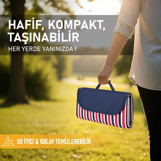 Haegs Piknik Örtüsü, Çanta Kamp Matı, Plaj Matı, Piknik Yer Örtüsü, Seyahat, Kamp, Outdoor, Park Çim Kum Tutmaz, Su Geçirmez, Kullanışlı Çanta Model, Katlanabilir 200x150cm - Mavi - Kırmızı Çizgili