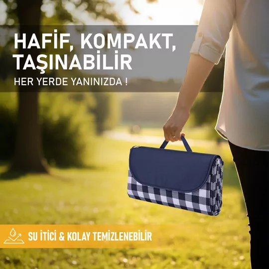 Haegs Piknik Örtüsü, Çanta Kamp Matı, Plaj Matı, Piknik Yer Örtüsü, Seyahat, Kamp, Outdoor, Park Çim Kum Tutmaz, Su Geçirmez, Kullanışlı Çanta Model, Katlanabilir 200x150cm - Mavi Ekose