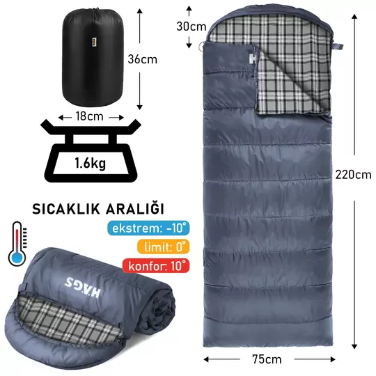 Haegs Uyku Tulumu, Flanel, Battaniye, Kamp Uyku Tulumu, Outdoor Dış Mekan, 3 - 4 Mevsim, Yazlık Uyku Tulumu - Kış Uyku Tulumu, Ultra Hafif, Sıcak ve Kompakt - Flanel -Antrasit
