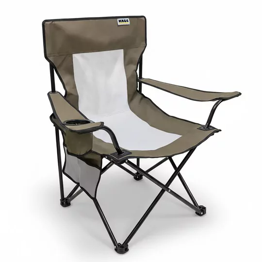 Haegs Kamp Sandalyesi, Outdoor, Plaj ve Piknik için Katlanır Kamp Sandalyesi, Saklama Cepli, Bardak Tutuculu, Extra Destekli, Su Geçirmez Kumaş - 120 Kg Taşıma Kapasiteli, Standart Boy - Gri - Kahverengi