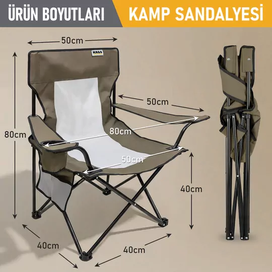 Haegs Kamp Sandalyesi, Outdoor, Plaj ve Piknik için Katlanır Kamp Sandalyesi, Saklama Cepli, Bardak Tutuculu, Extra Destekli, Su Geçirmez Kumaş - 120 Kg Taşıma Kapasiteli, Standart Boy - Gri - Kahverengi