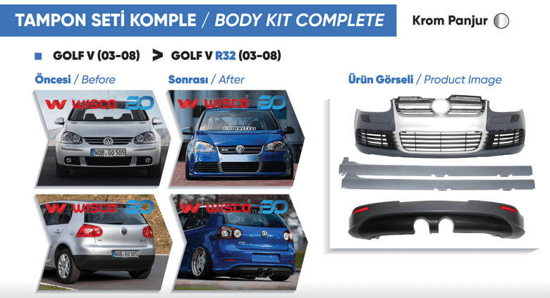 TAMPON SETI KOMPLE (ON-ARKA-YAN) KROM PANJURLU VW GOLF 5 R32 04-08