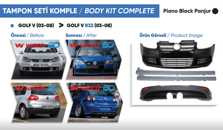 TAMPON SETI KOMPLE (ON-ARKA-YAN) PAR. SIYAH PANJUR VW GOLF 5 R32 04-08