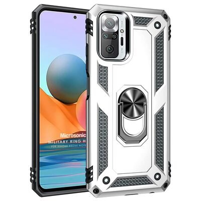 Microsonic Xiaomi Redmi Note 10 Pro Max Kılıf Military Ring Holder Gümüş