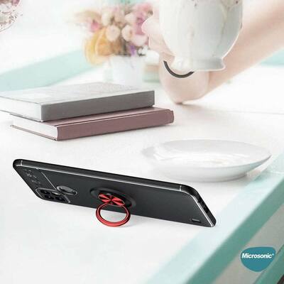 Microsonic Realme C21 Kılıf Kickstand Ring Holder Siyah Rose