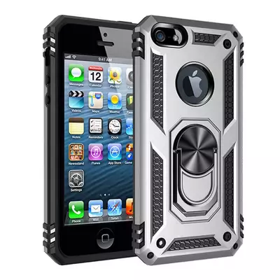 Microsonic Apple iPhone SE Kılıf Military Ring Holder Gümüş