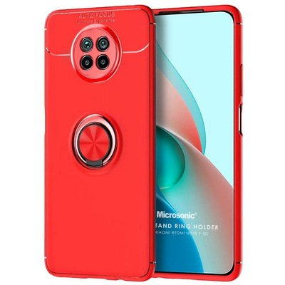 Microsonic Xiaomi Redmi Note 9 5G Kılıf Kickstand Ring Holder Kırmızı