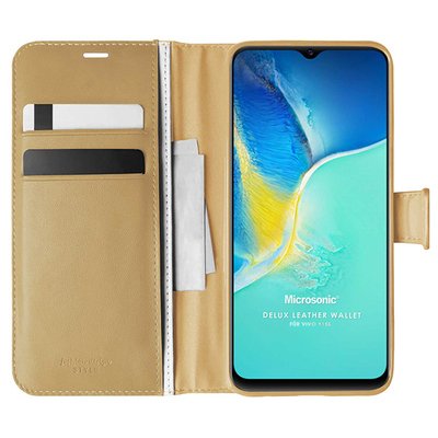 Microsonic Vivo Y15s Kılıf Delux Leather Wallet Gold