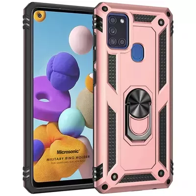 Microsonic Samsung Galaxy A21s Kılıf Military Ring Holder Rose Gold