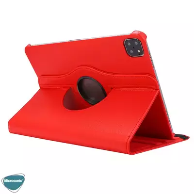 Microsonic Apple iPad Pro 11`` 2022 4. Nesil Kılıf (A2759-A2435-A2761-A2762) 360 Rotating Stand Deri Kırmızı